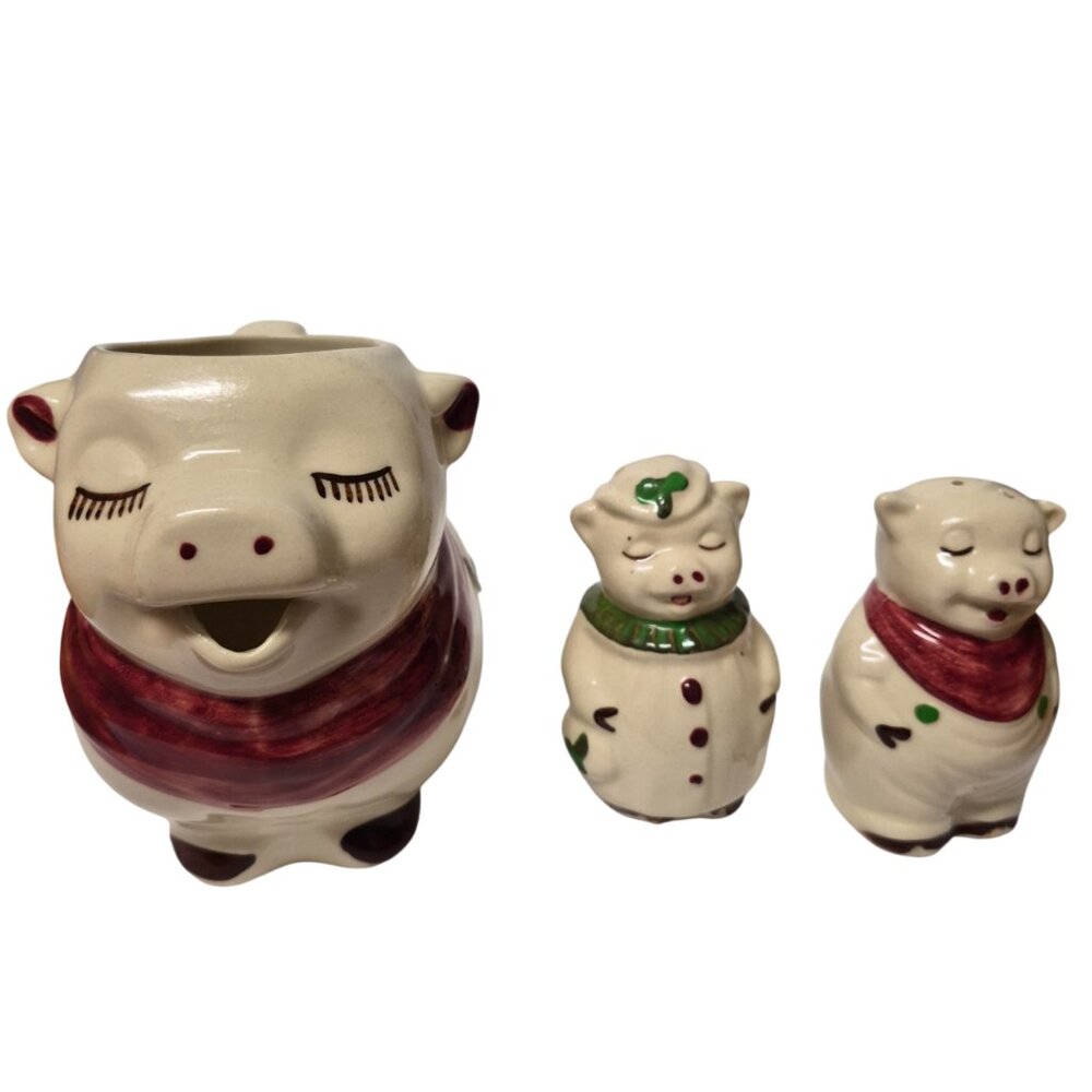 Vintage Smiley Pig Salt Pepper Shakers & Creamer Set Mid Century